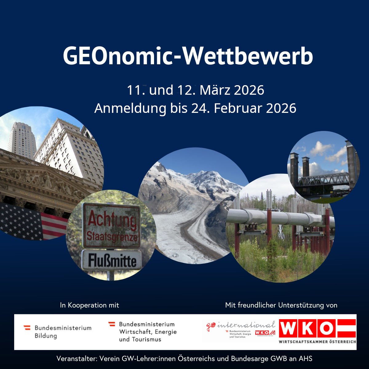 Geonomic-Wettbewerb 2025/26 - Abbildungen von Gebäuden mit Fahne der USA, Schild 